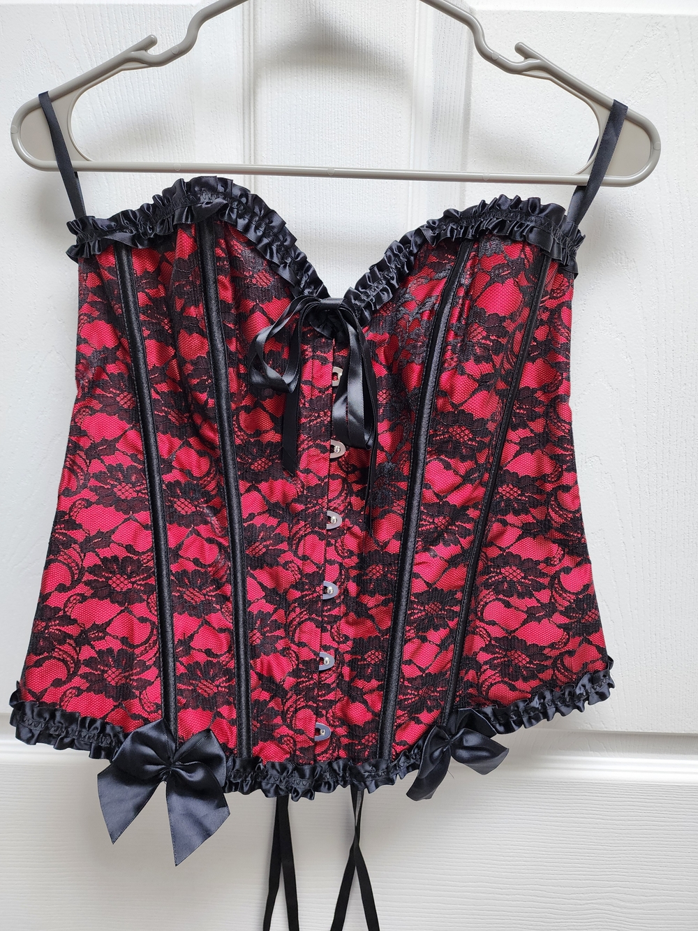 Red & Black Lace Corset Bustier with Satin Trim
